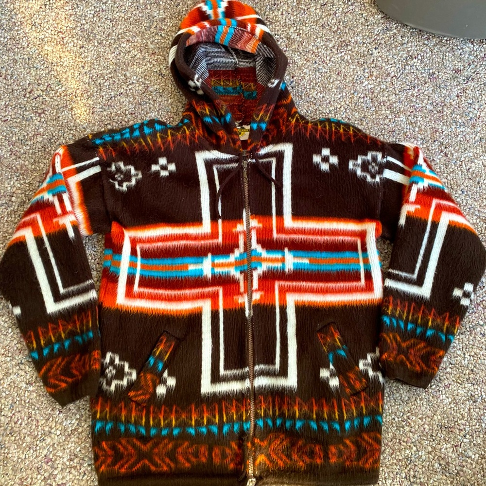 Earth Ragz Southwestern Aztec VTG Full Zip Fuzzy Brown Hoodie Sweater Small